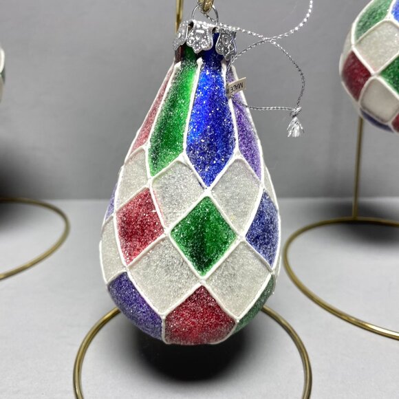 Christmas Ornaments 3 PC Set Multicolored Plastic Ball and Teardrop W/ Sparkles - Picture 5 of 10